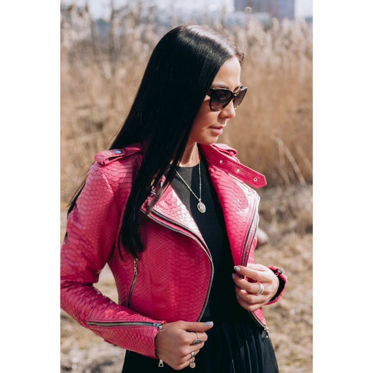 Women's Fuchsia Pink Python Embossed Effect Motorcycle Genuine Leather Jacket
