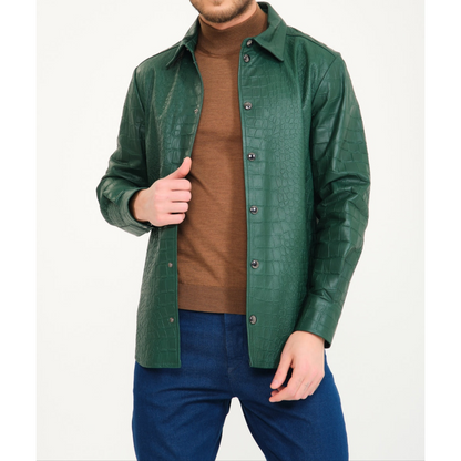 Mens Green Croc Embossed Effect Genuine Lambskin Leather Shirt