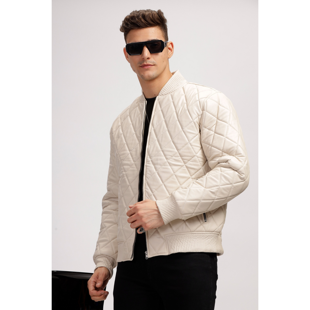 Mens Off White Diamond Quilted Bomber Leather Jacket