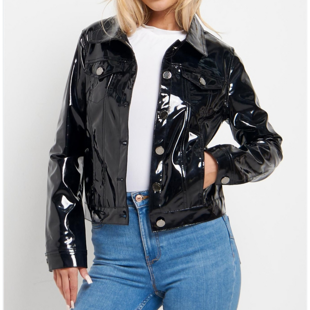 Women's Glossy Black Patent Denim Style Genuine Leather Jacket