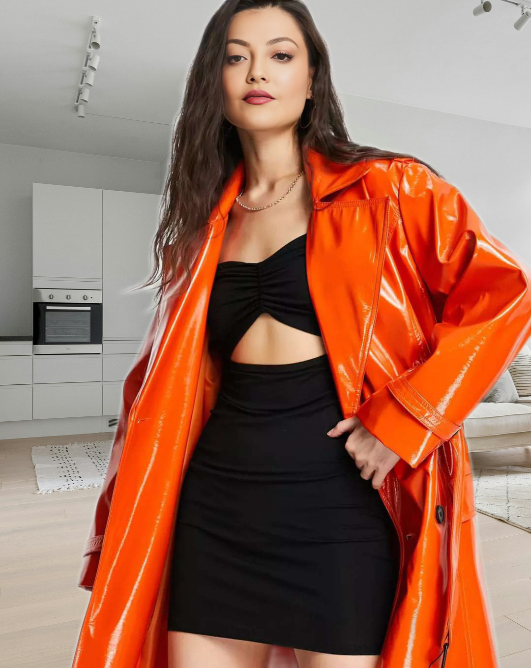 Womens Orange Patent Double Breasted Real Leather Trench Coat