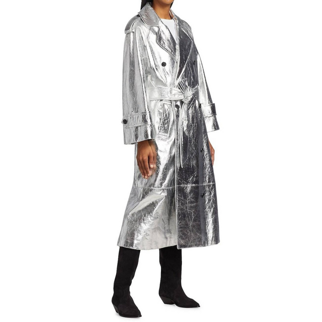 Women's Silver Metallic Foil Effect Double Breasted Real Leather Trench Coat