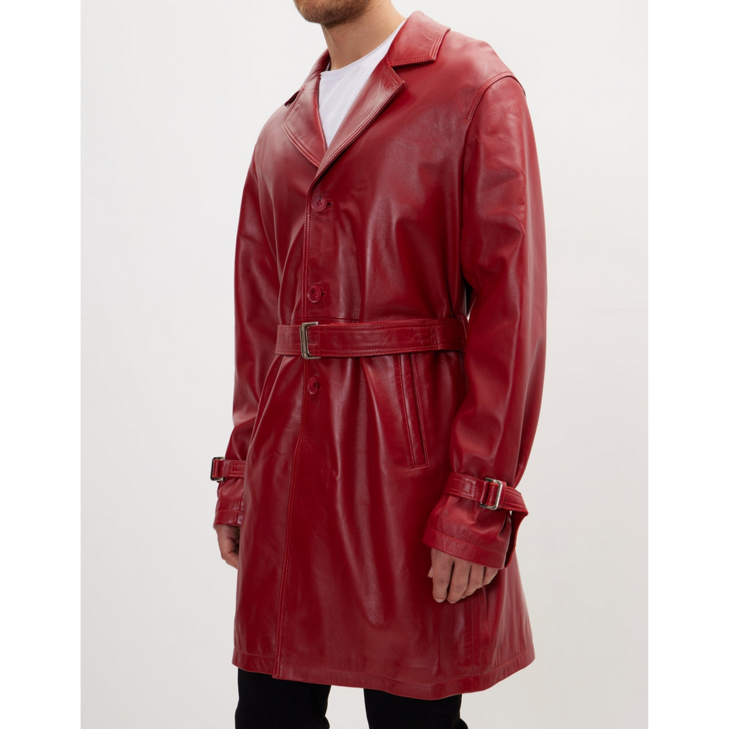 Men's Red Belted Genuine Leather Trench Coat