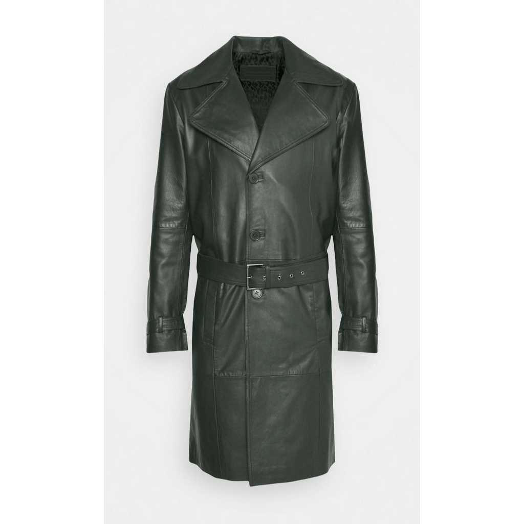 Mens Green Belted Genuine Leather Trench Coat Car Coat  also available in Burgundy Black