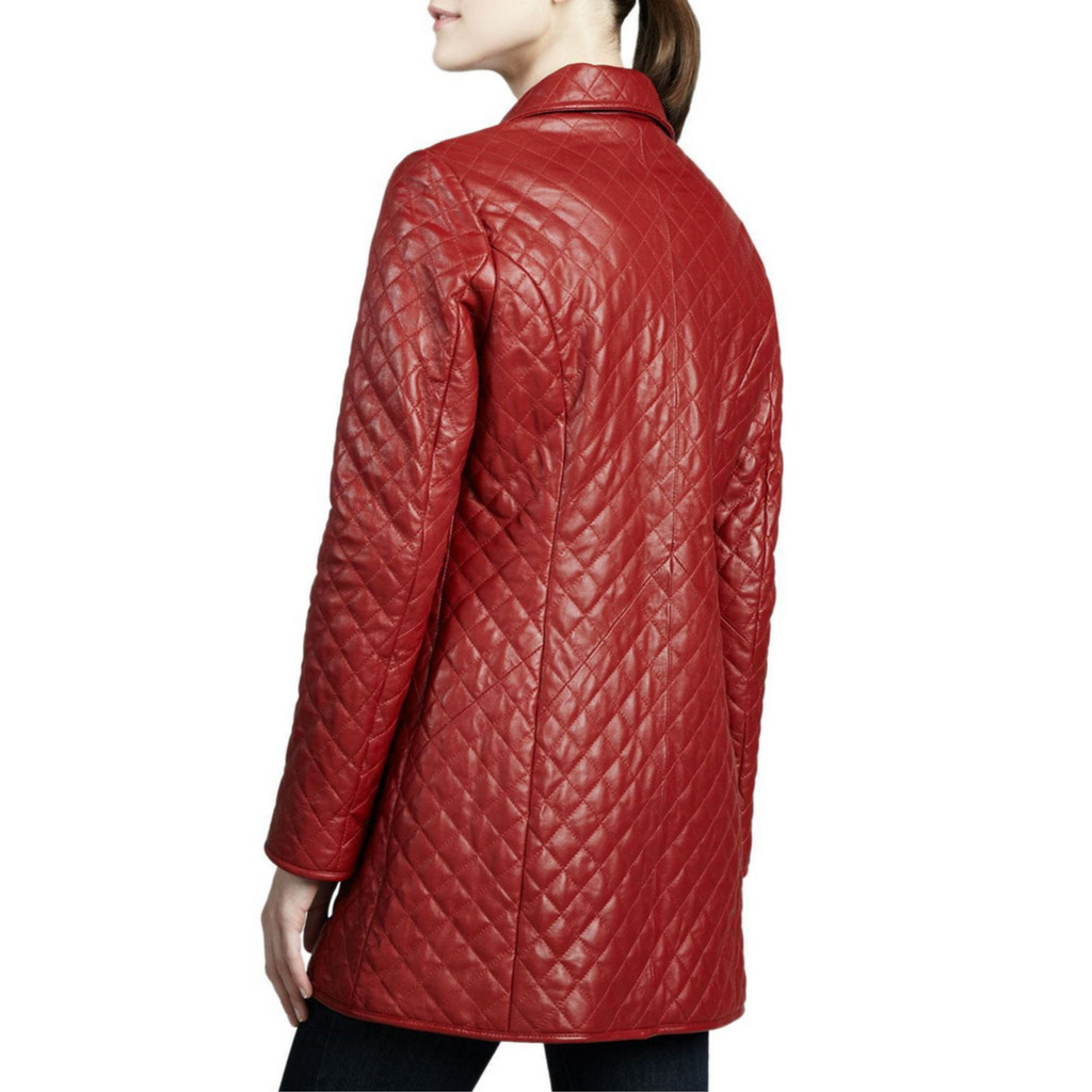 Women's Red Quilted Short Leather Trench Coat