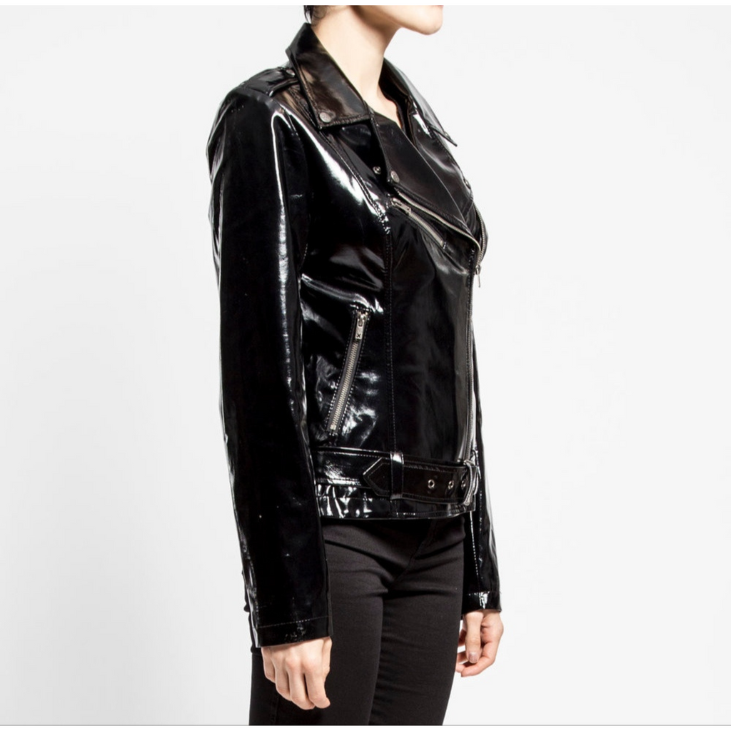 Women's Black Patent Motorcycle Biker Belted Genuine Leather Jacket