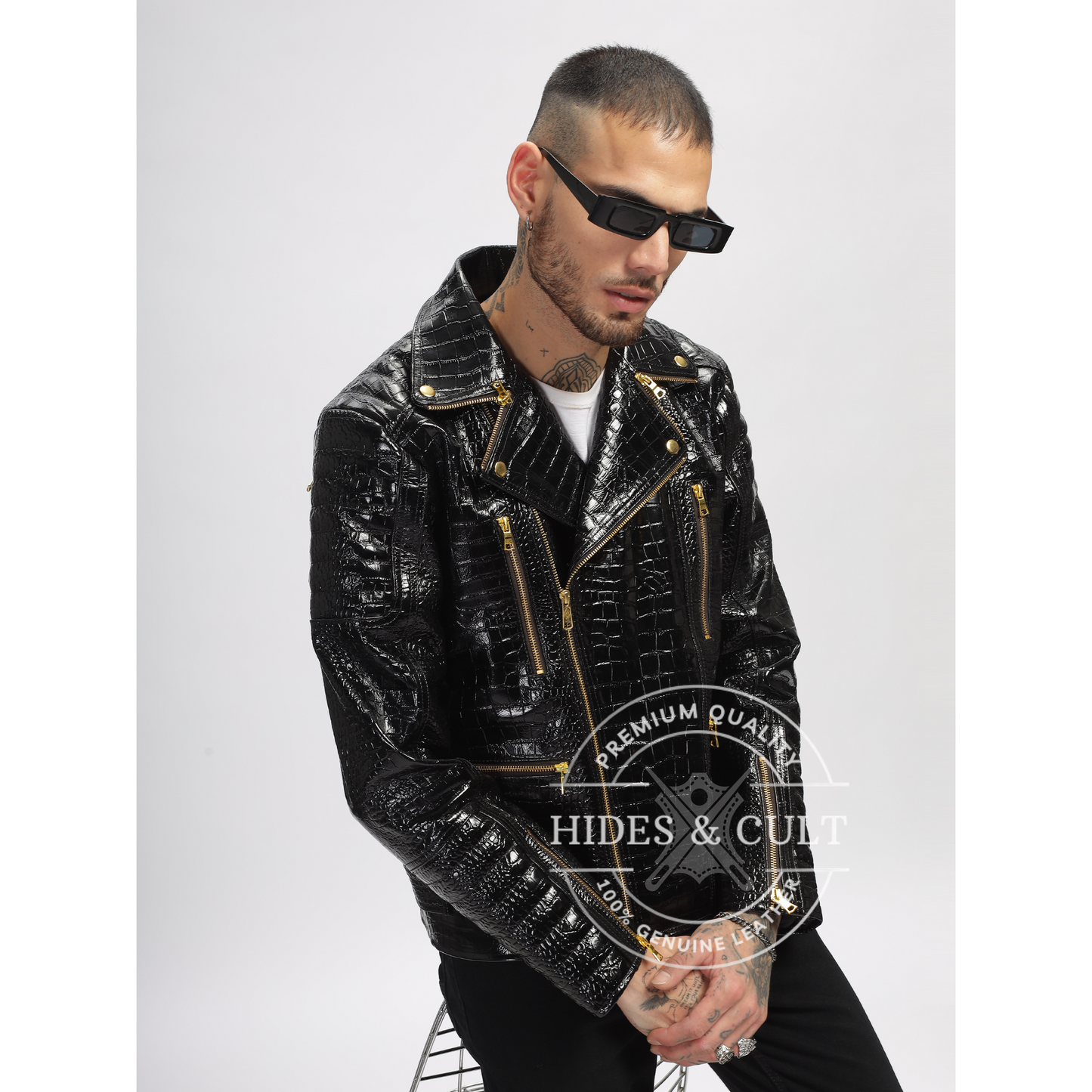 Mens Black Patent Croc Motorcycle Biker Gold Zip Leather Jacket