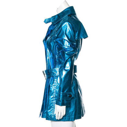 Women's Light Blue Metallic Foil Effect Double Breasted Short Leather Trench Coat