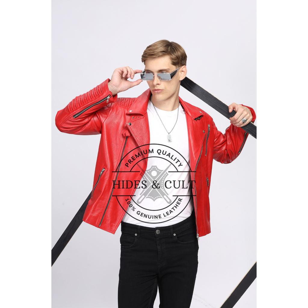 Mens Rich Red Slim Fit Motorcycle Biker Leather Jacket